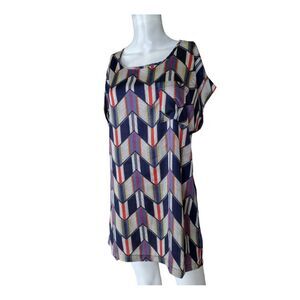 Valleygirl Blouse Women L Navy Zig Zag Multicolor Round Neck Office Career Flowy